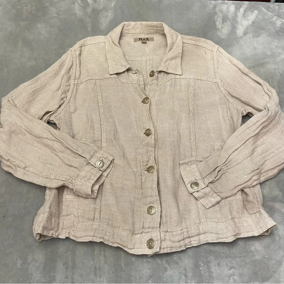 Flax 100% Linen Woven Lightweight Button Down Shirt Jacket Tan 27120 - Picture 1 of 8